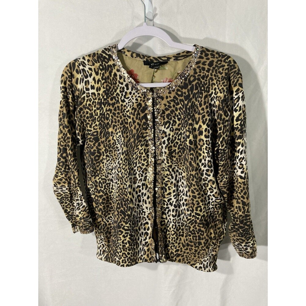 E BY ECI brown black animal print sequin silk blend cardigan sweater L